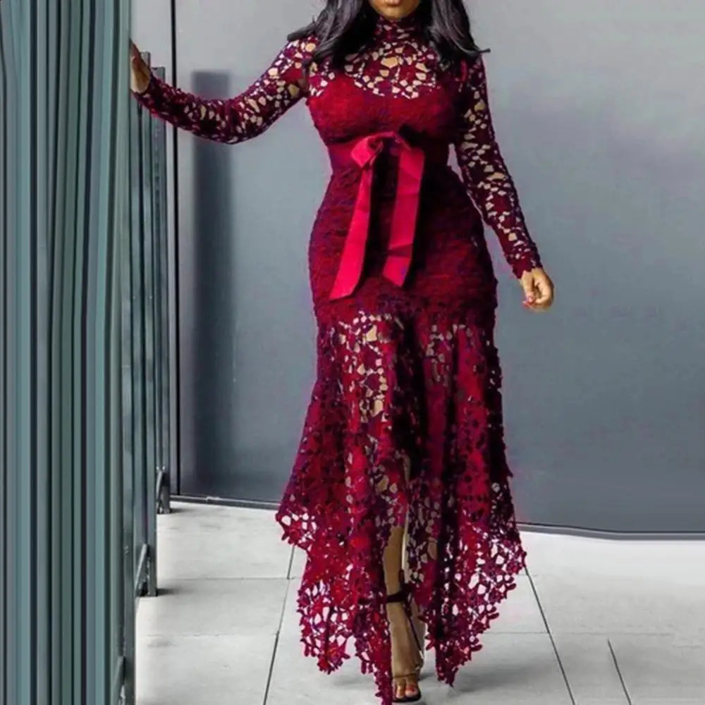 Lace Bow Belted Women Dress Elegant Long Sleeve Irregular Hem Bodycon Party Vintage Wedding Evening 241205
