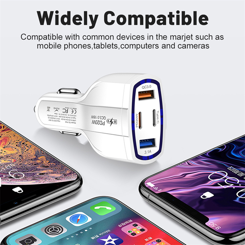 4 in 1 Car Quick Charger PD 20W 2USB+2PD Car Power Adapter USB Tyoe C Car Cigarette Lighter Charger 12-30V for iPhone 16 15 14 Huawei Samsung