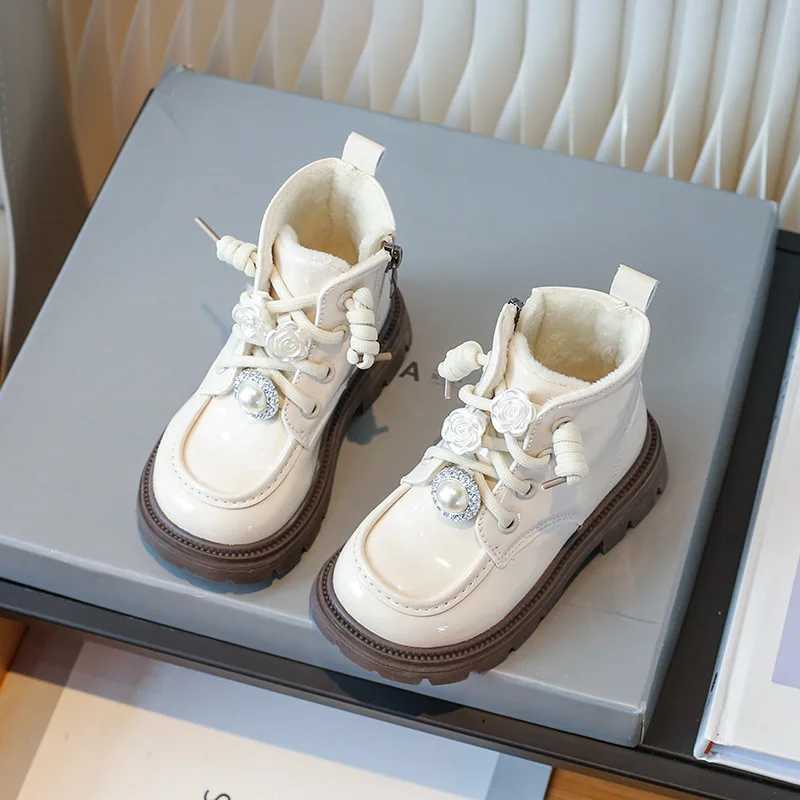 Botas Nia Kids Fashion Ankle Boots Winter Warm Plus Cotton Girls Boots Pearl Rhinestone Princess Botas Soft Sole Children ShoesXJ241206