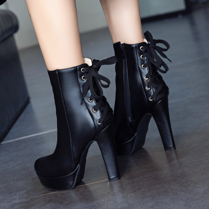 Fashion Ankle Boots For Women 2024 Lace Up Winter Short Boot Platform High Heel White Yellow Black Party Shoes Lady Large Size