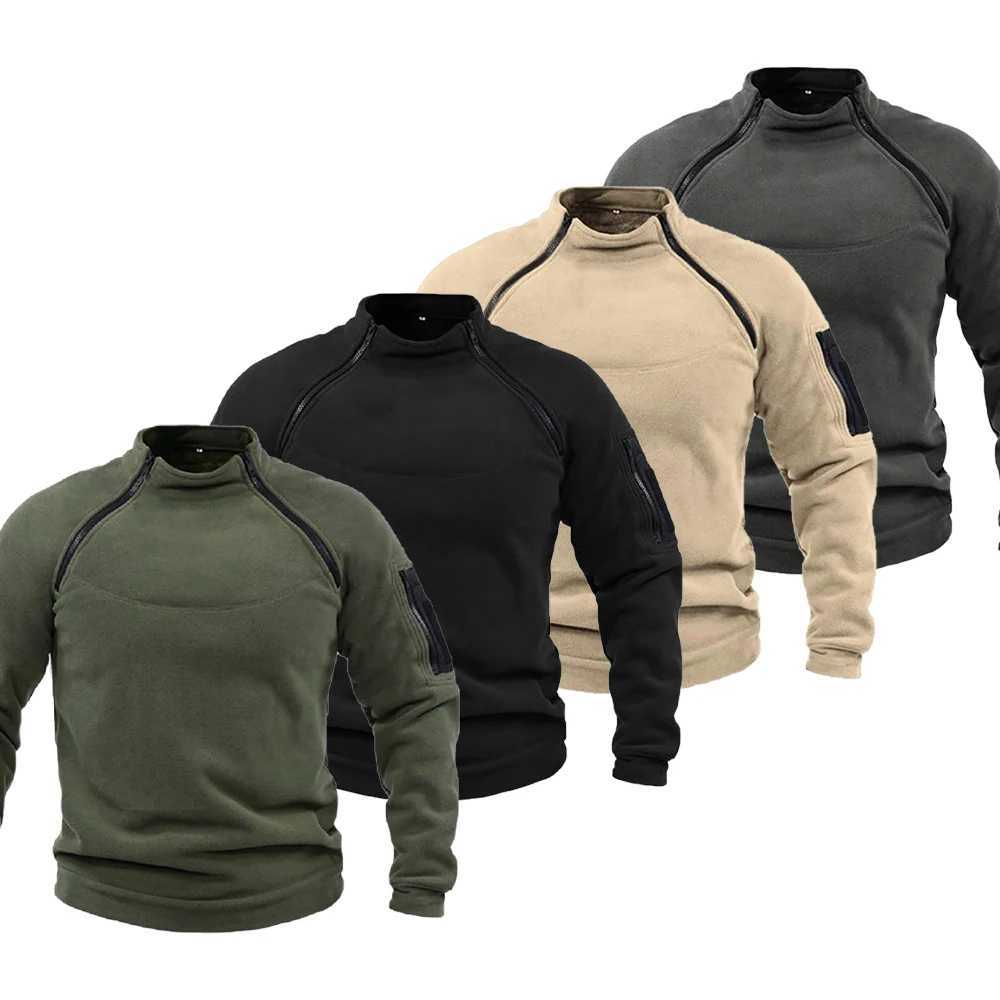 Mens Fleece Windproof Jacket Solid Color Tactical Outdoor Pullover Loose Casual Standing Collar Sweatshirt Thick Sportwear TopsXJ241206