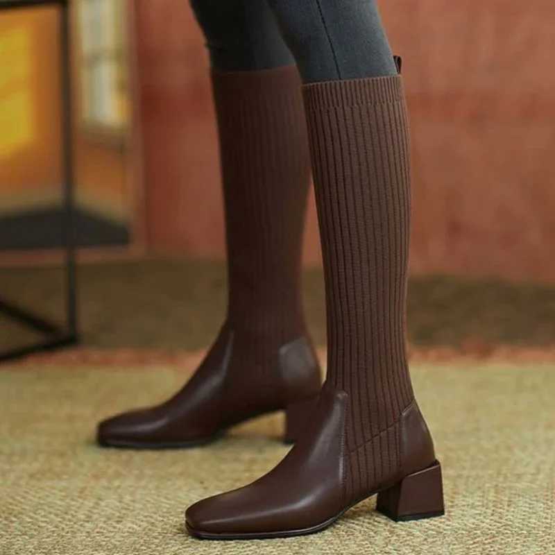 High Quality hot knee thick high sock boots winter boots warm and elegant autumn brown wedge elastic new temperature Lg shoes T241206