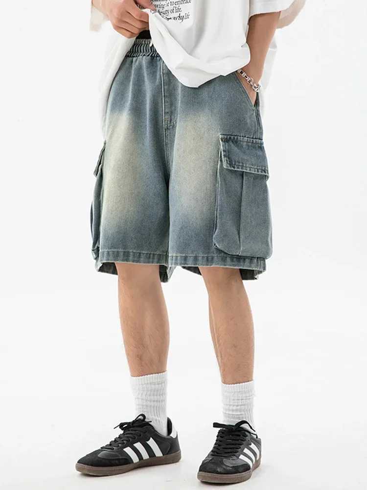 Old Washed Cargo Denim Shorts Mens Summer New Style Loose Side Three-dimensional Large Pocket Casual Five Quarter PantsXJ241206