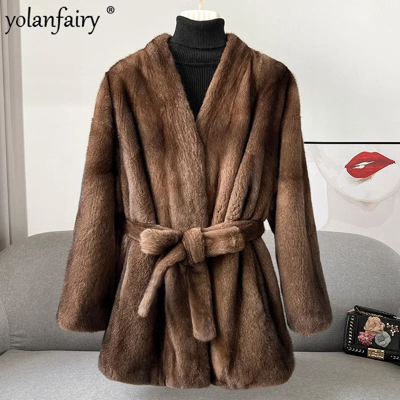 Full mink Coat Womens Velvet Mink Medium Long Hair Leather Jacket Womens Winter Jacket Lace Elegant Womens Top FCY 241202