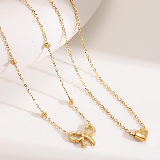 Fashion Light Luxury Jewelry Gold Plated 26 Letter Initial for Women Love Pendant Bow Layered Necklace