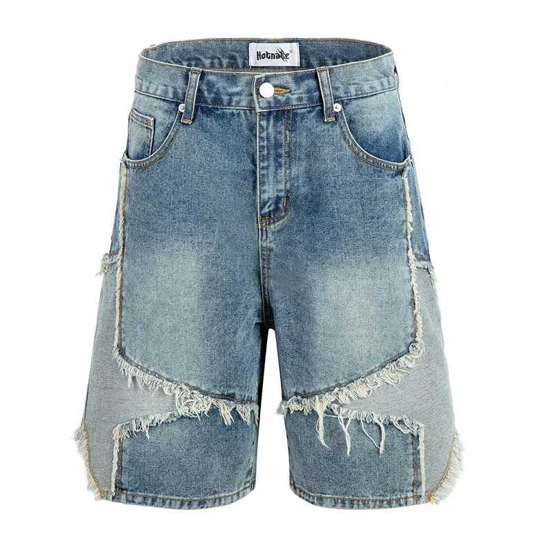 Hi Street Distressed Casual Denim Shorts Blue Streetwear Washed Jeans Shorts For Male PatchworkXJ241206