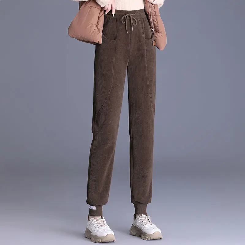 Autumn and winter womens pure thin high waisted elastic drawstring running pants with pockets for fashionable and casual commuters 241202