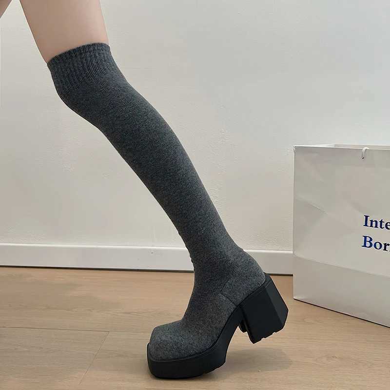 High Quality Autumn Winter Warm Platform Knee Boots Womens Long Sleeve Knitted Socks Lg Boots Sliding Block Thick Robot Shoe Ring T241206