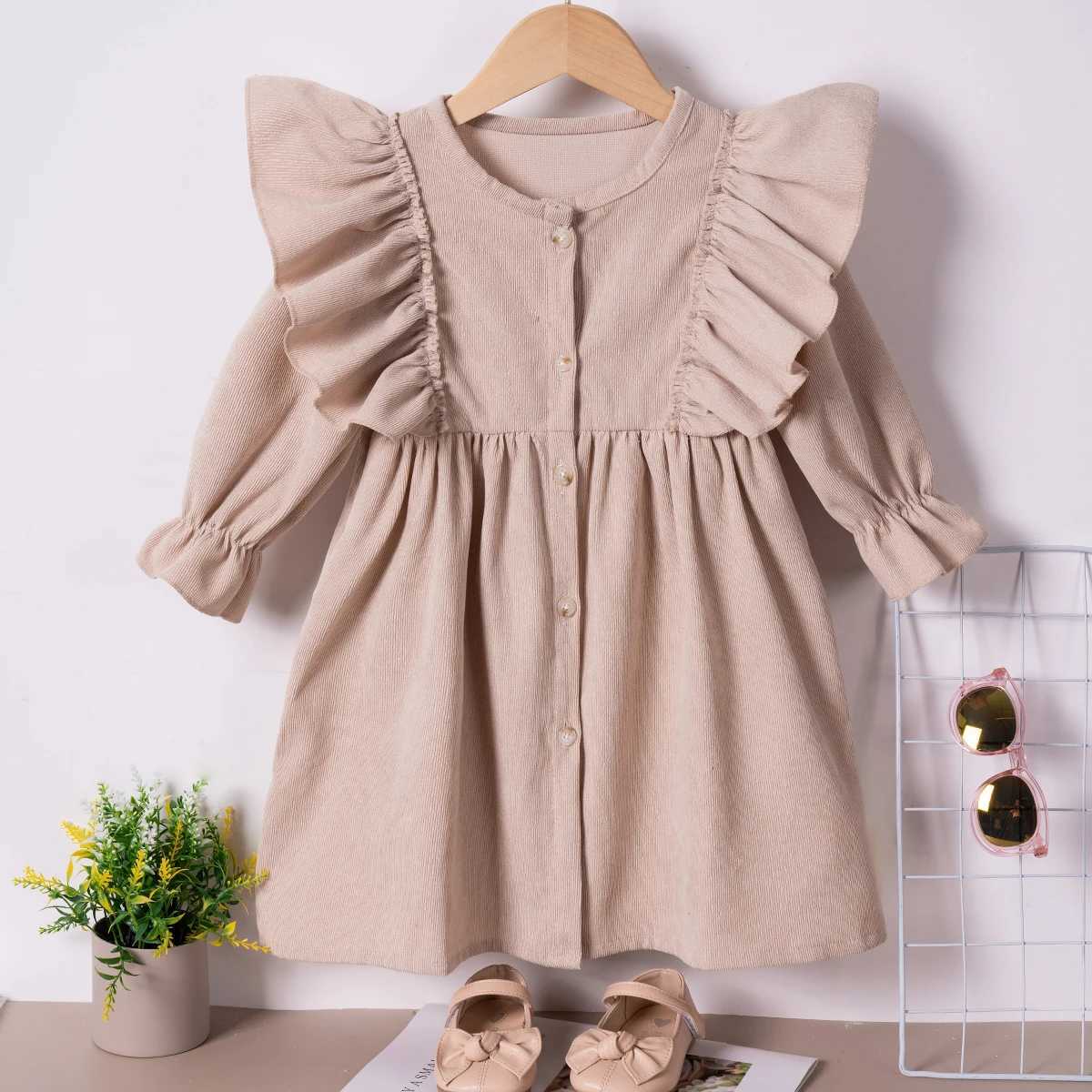 Baby Girl Autumn Dress Ruffle Edge Long Sleeve Round Neck Dress Solid Color Casual Girls Wear for Daily or ParXJ241206