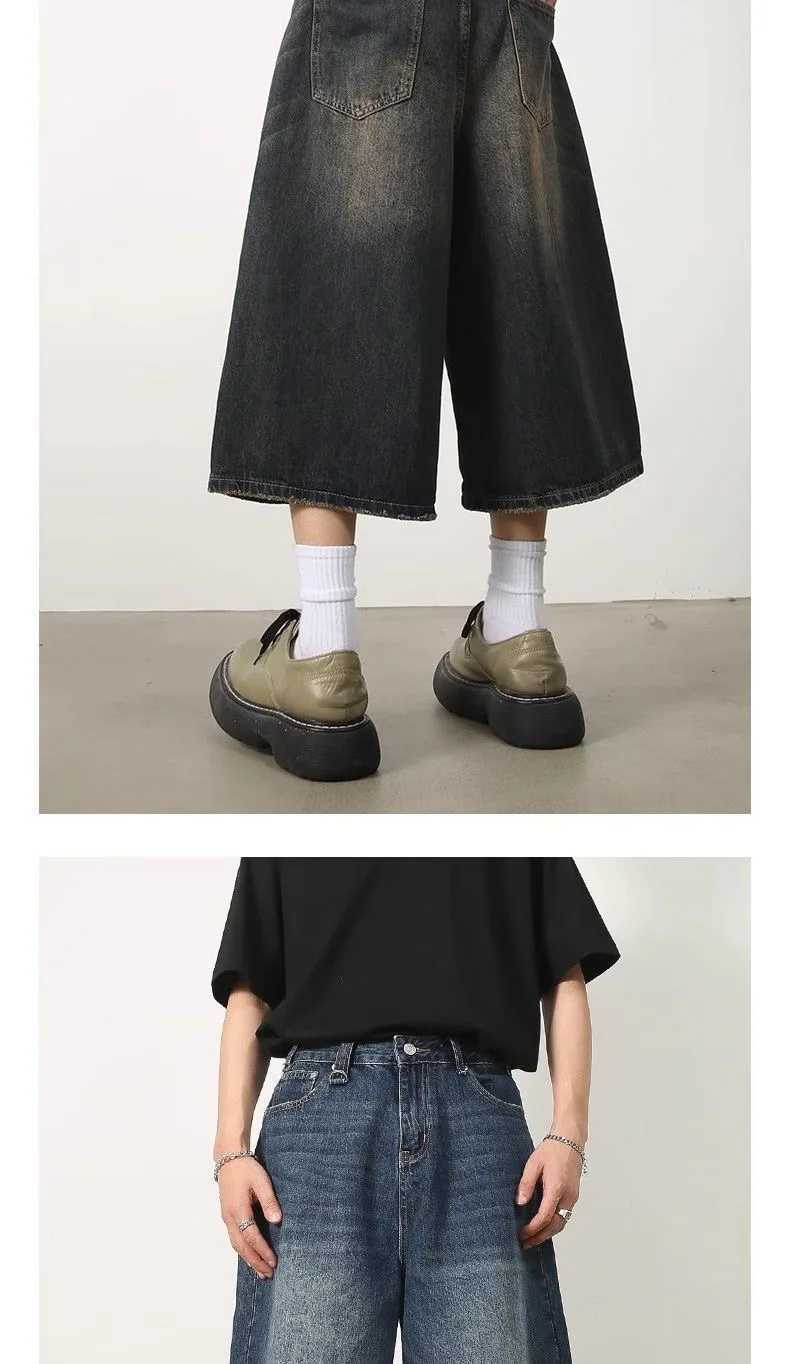 Retro Y2k Baggy Women Men Black Jeans Low Waist Casual Wide Pants Frayed Denim Shorts Big Size ClothesXJ241206