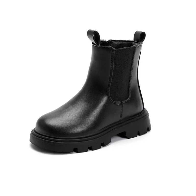 Classic Childrens Black Boots Simple Thick Bottom Autumn Boots for Girls Matte PU Leather Kids Fashion Ankle Boots Round-toeXJ241206