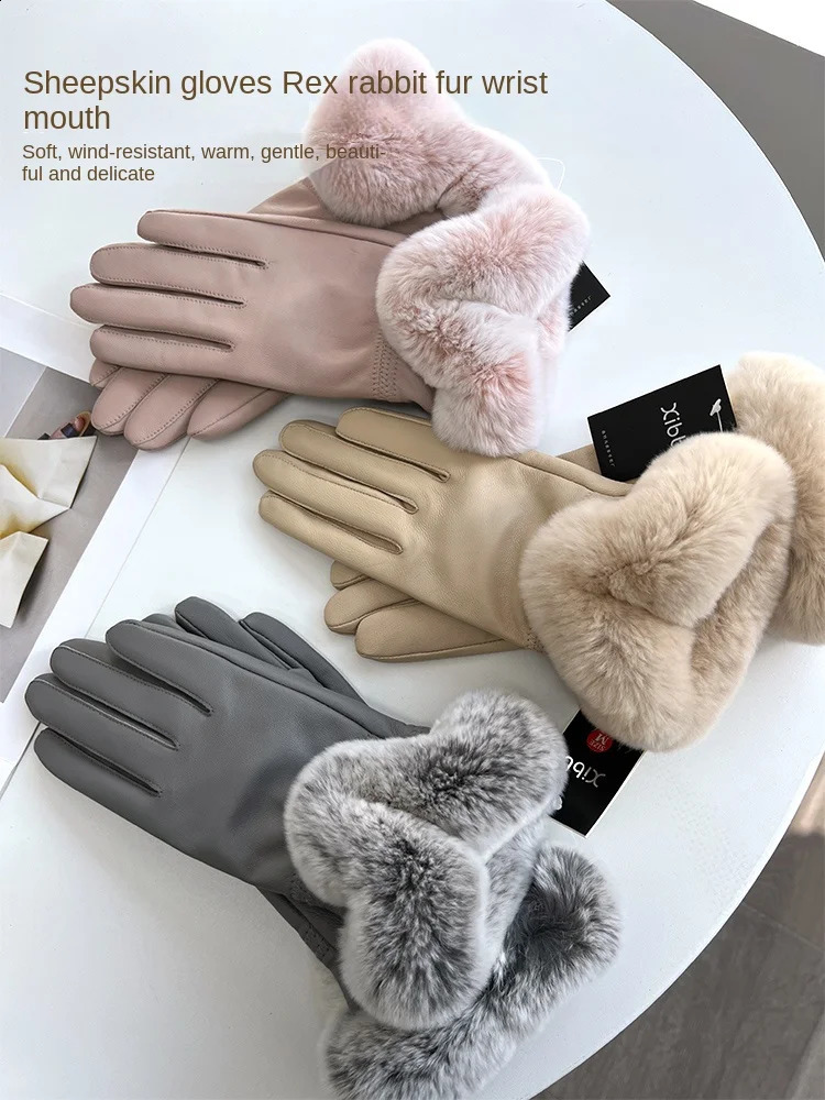 ZDFURS * Genuine Leather Gloves for Womens Winter Wool Lining Thickened Warm Soft Rex Rabbit Skin Sheepskin Gloves Windproof 241206