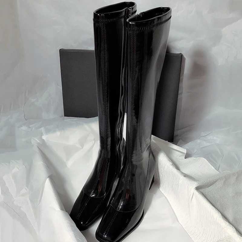 High Quality Patent leather high H Lg boots Wen autumn square toe knee high Botas Wan Side zipper thick high heels Fem T241206