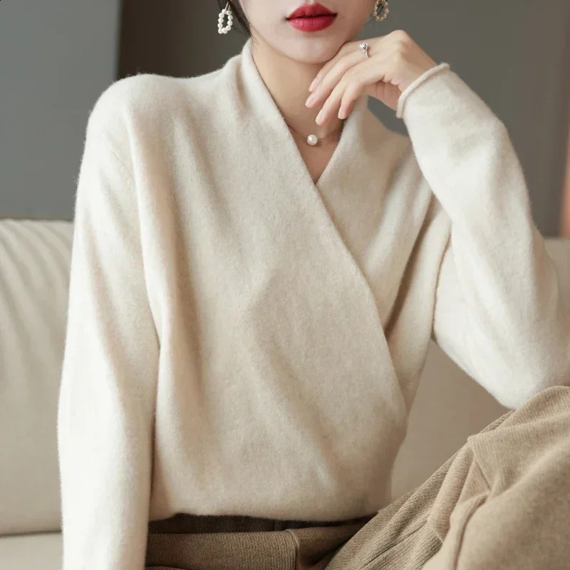 Wool Sweater Knitted Pullover Women Autumn Winter Clothes Cashmere Tricots Casual Versatile Loose VNeck Warm Fashion Knit Tops 241203