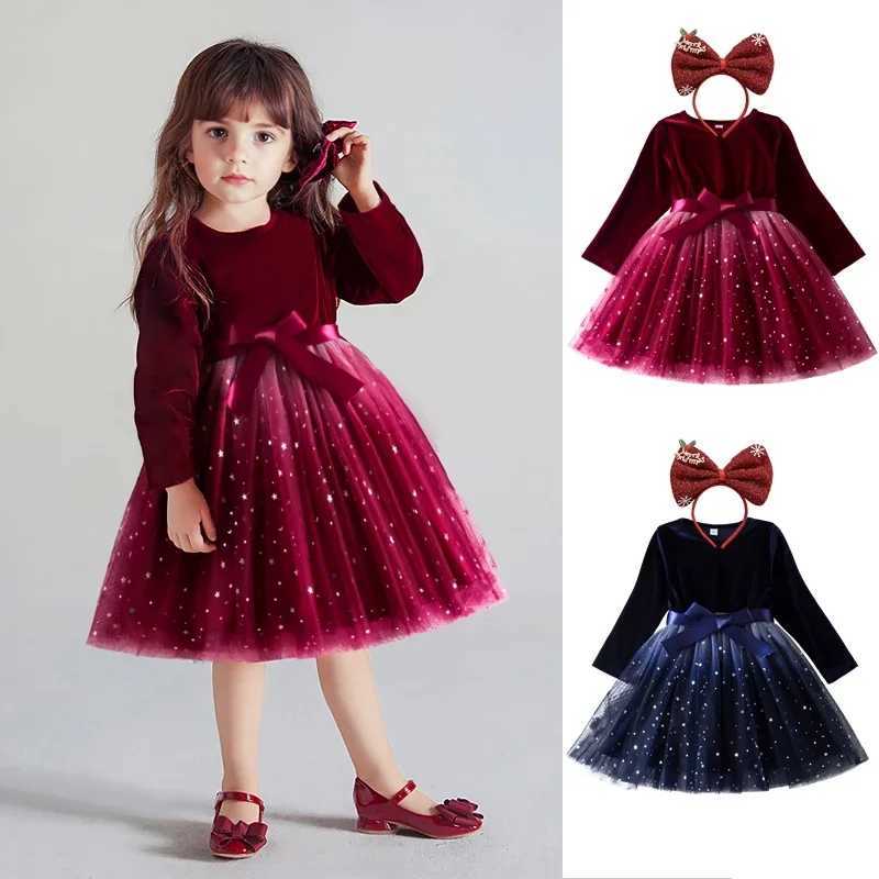 Kids Girls Red Christmas Dress New Sequin Birthday Princess Dress Bow Long Sleeve Mesh Casual Dress Children Autumn Clothes 3-8YXJ241206