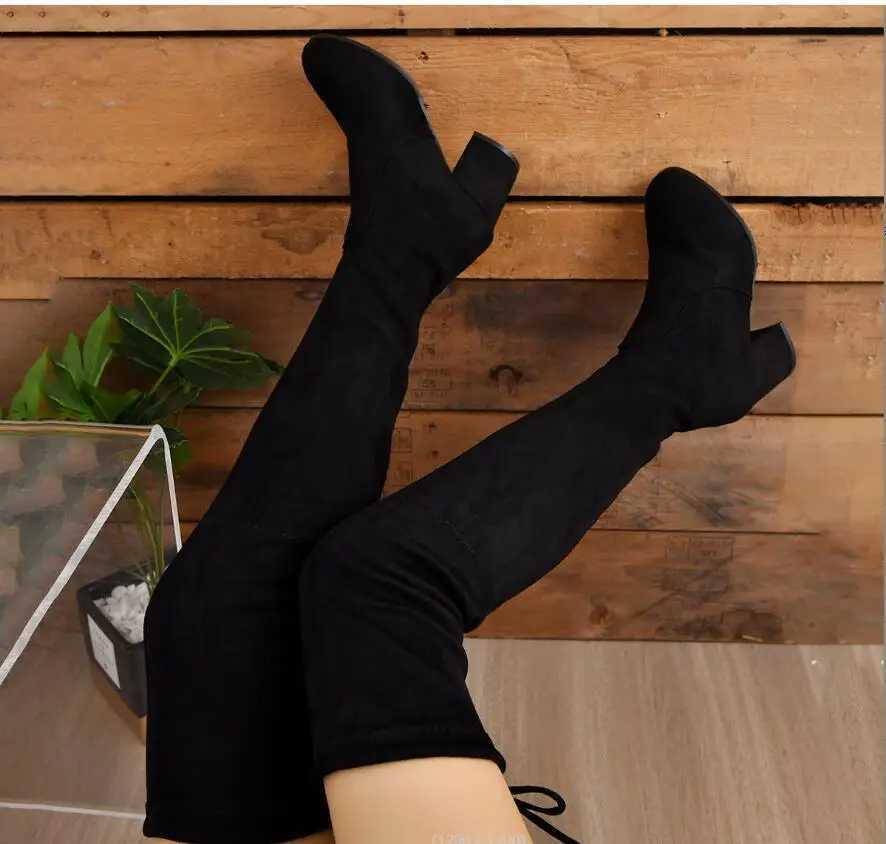 High Quality New thick sock boots knee high webbing autumn short and chubby H black suede leather elegant and sexy high heels large size T241206
