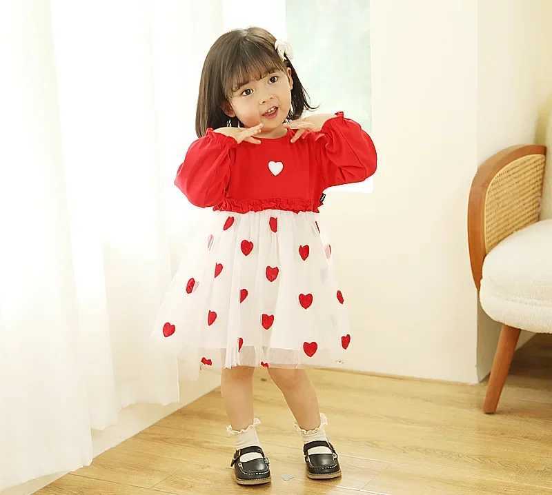 Ropa De Nia Dress for Girls Autumn Red Girl Princess Dress Fashion Mesh Dresses Casual Par Dresses Children Clothes VestidosXJ241206