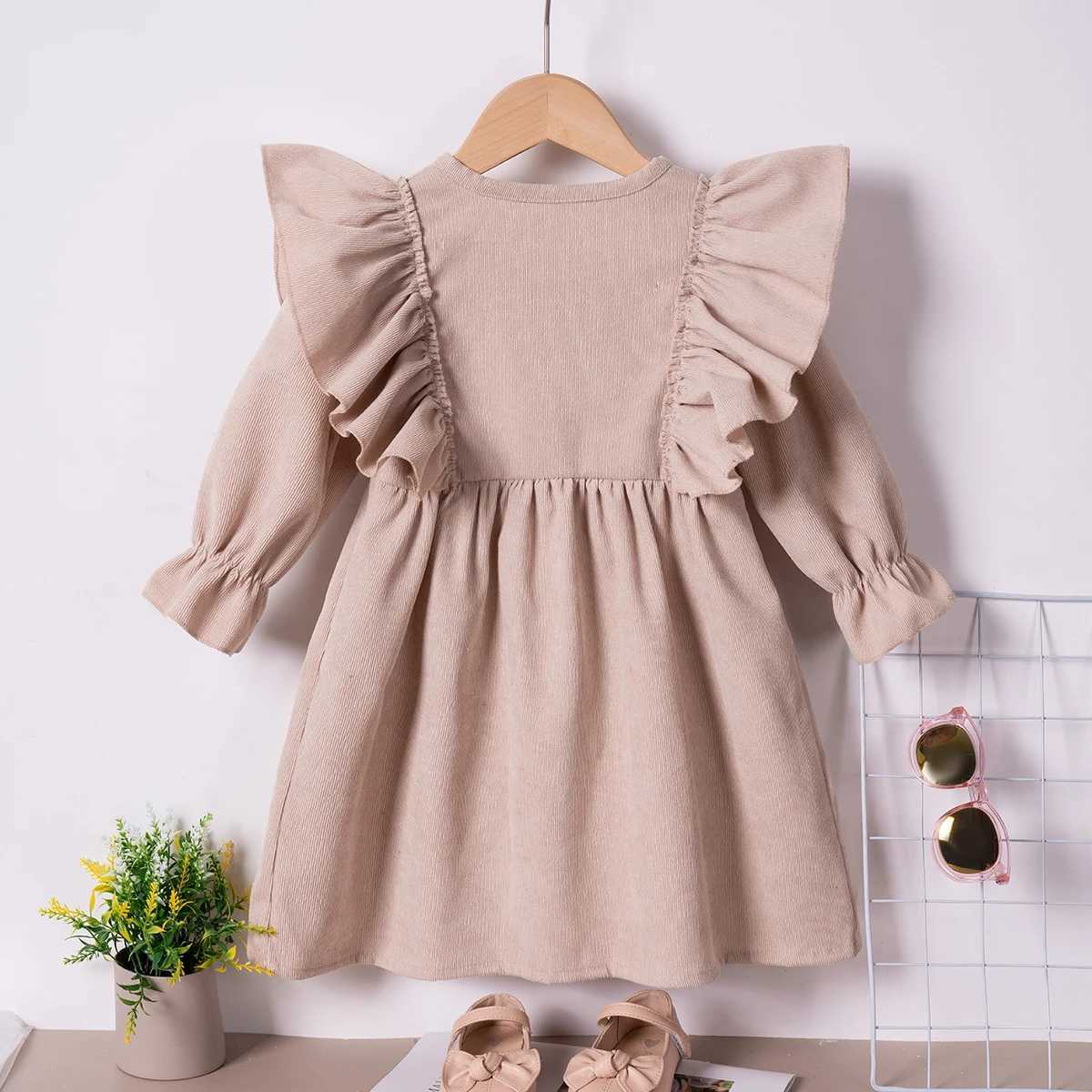 Baby Girl Autumn Dress Ruffle Edge Long Sleeve Round Neck Dress Solid Color Casual Girls Wear for Daily or ParXJ241206
