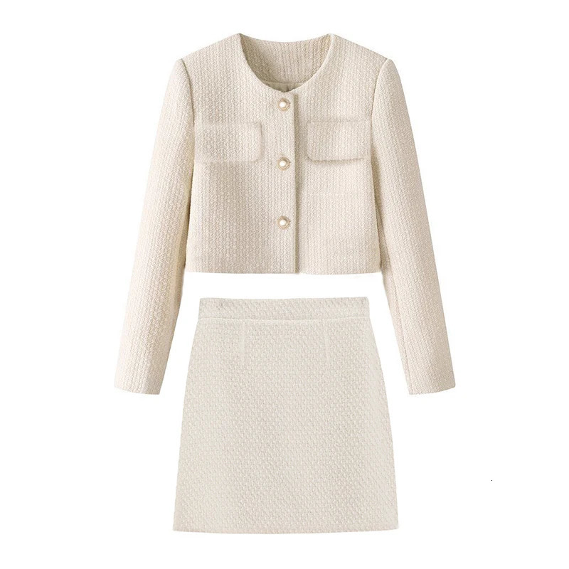 Womens Autumn Elegant Lace 2piece Set Oneck Single Chest Short Coat and High Waist Zipper Aline Tight Retro Winter 241206