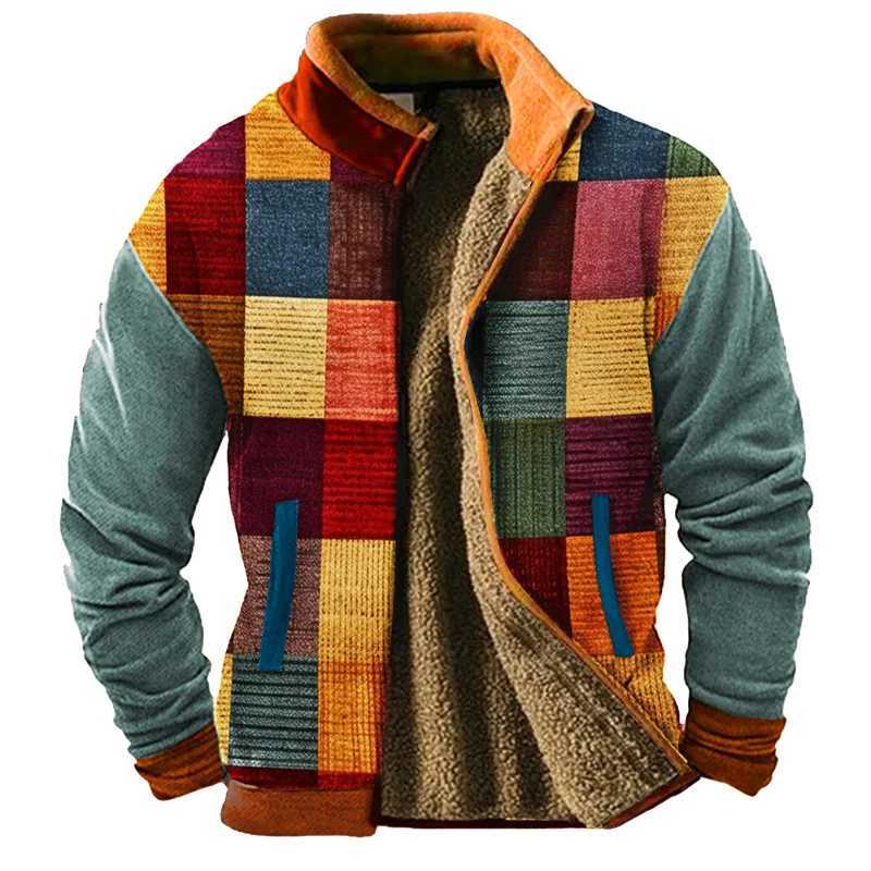 Cross-border hot holiday coat brown long-sleeved stand collar wool winter pattern stitching mens daily zipper coat factXJ241206