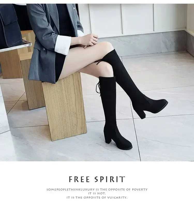 High Quality Artificial suede Fem autumn zipper elastic knee high boots used for lace high Gigh boots black Botas Mujer 92 T241206