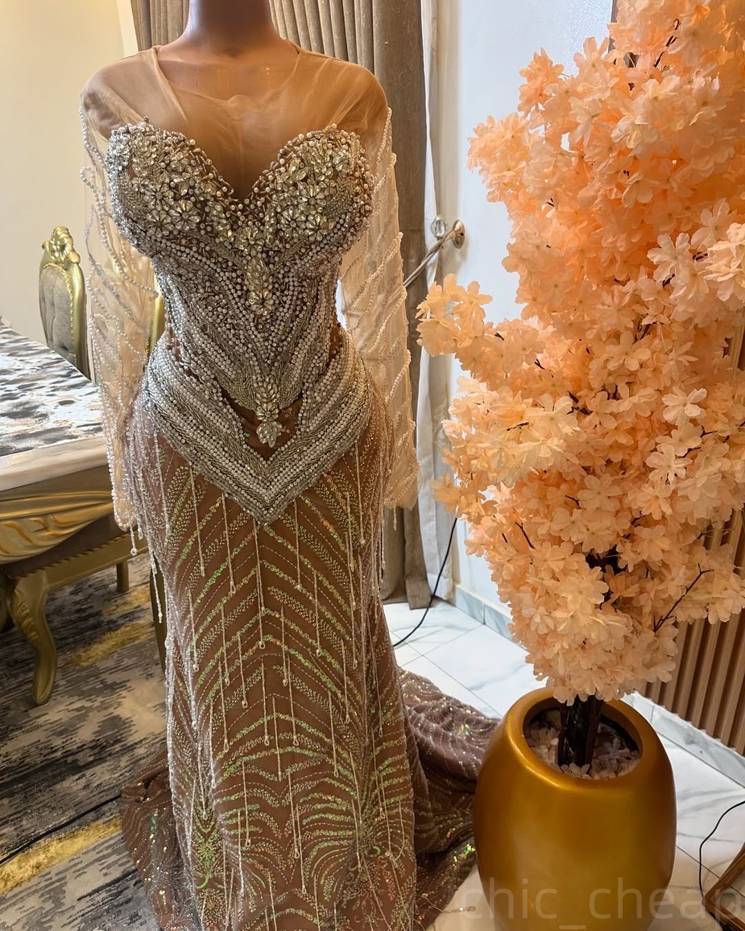 Champagne Illusion Prom Dresses 2025 Rhinestones Beaded Tassels Evening Formal Party Second Birthday Engagement Gowns Plus Size Dress For Special Occa