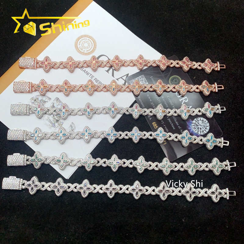 Hot Selling 15MM 925 Sterling Silver Cuban Clover Bracelets Iced Out Hip Hop Infinity Colored Moissanite Cuban Bracelet