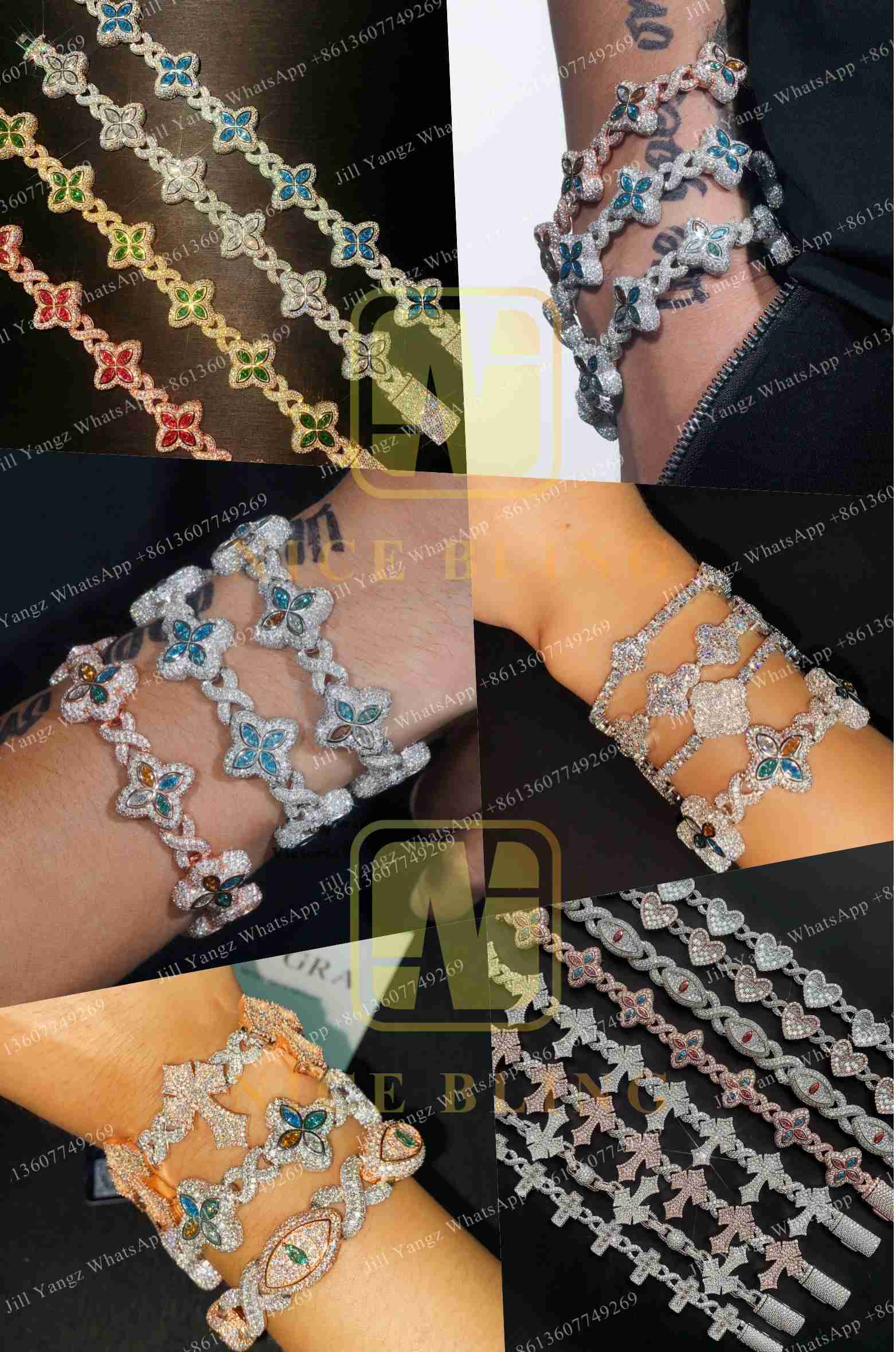 Multiple Options Color Moissanite Flower Cuban Bracelet Ready Stock Hip Hop Fancy Diamond Cuban Link Chain Moissanite 925 Silver