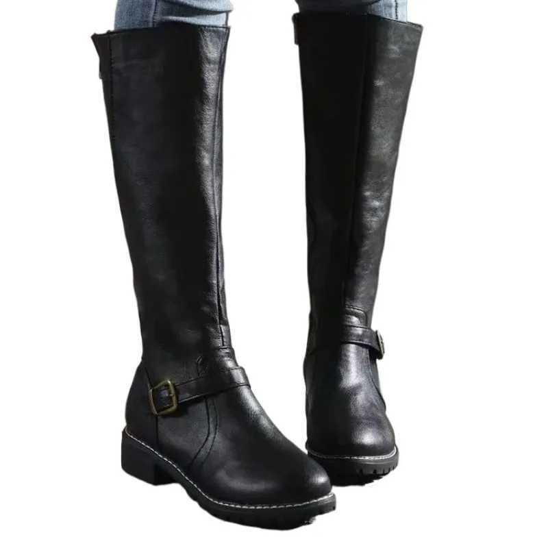 High Quality Knee high Square Heel Modern Boots Winter Round toe Womens Shoes S Brand Low Heel Solid Buckle Wens Boots T241206