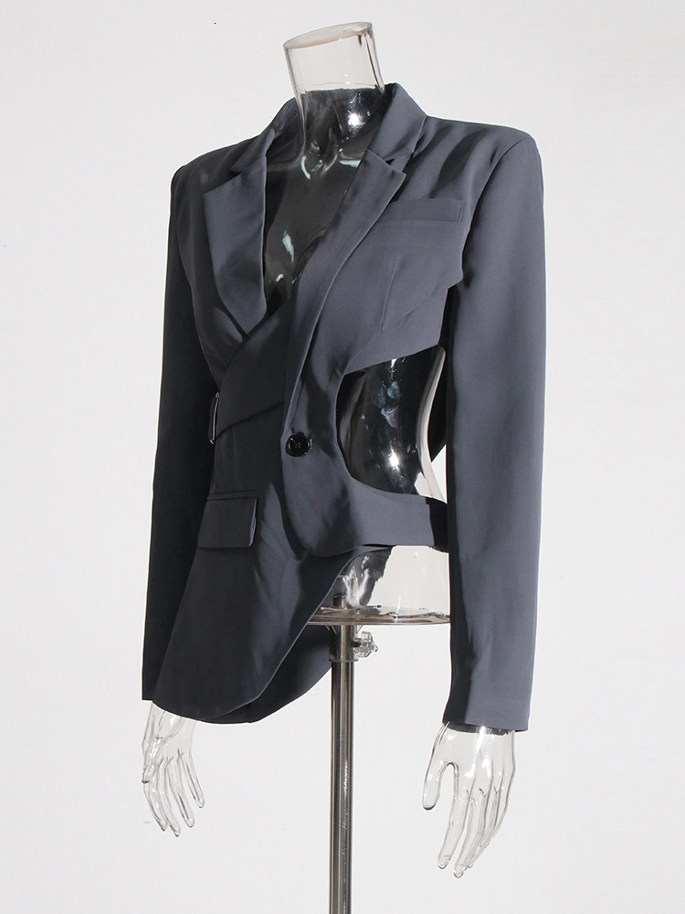 Hollow Out Backless Slimming Blazers For Women Notched Collar Long Sleeve Spliced Button Irregular Blazer Female