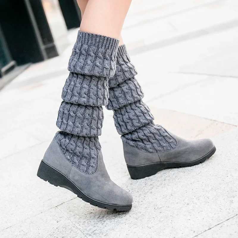 High Quality New autumn and winter breathable knitted socks womens thick high heels Streh round toe platform boots T241206
