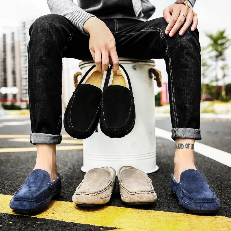 Mens Loafers Plush Suede Leather Driving Shoes Casual Winter Warm Fur Man Moccasins Slip On Driving Loafer Male Boat Shoes 241206