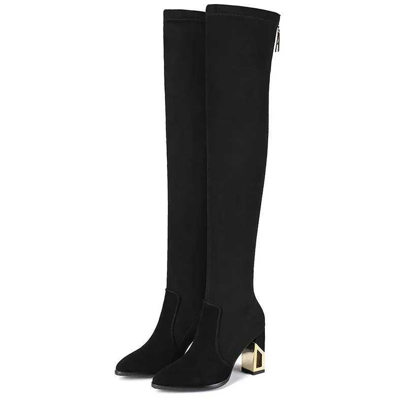 High Quality Sing Kid Suede Over The Knee Sock Boots Hot S Square High Heels Suitable for Pointed Toe High Heels T241206