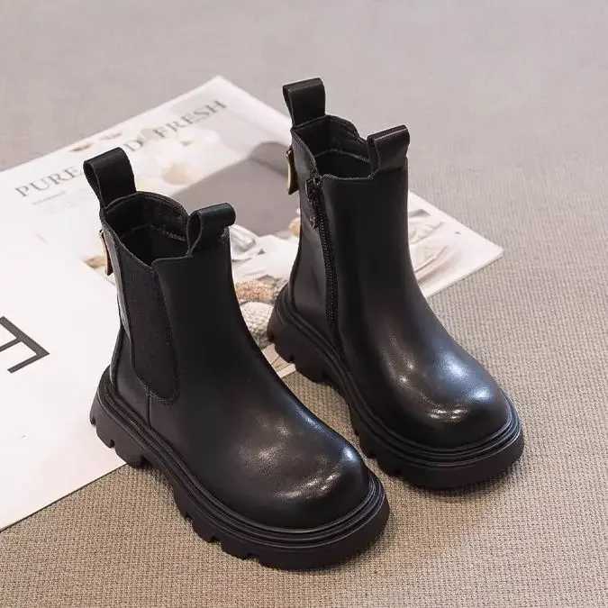 Classic Childrens Black Boots Simple Thick Bottom Autumn Boots for Girls Matte PU Leather Kids Fashion Ankle Boots Round-toeXJ241206