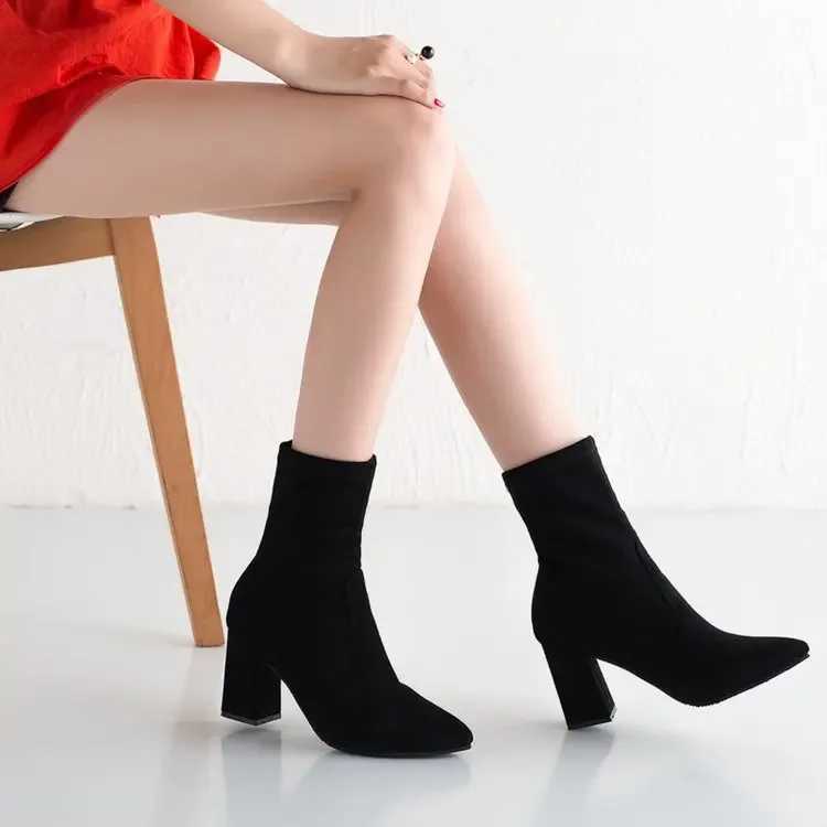High Quality Black brown thick heel ankle boots Winter shoes elegant high toe toes keeping warm short boots T241206