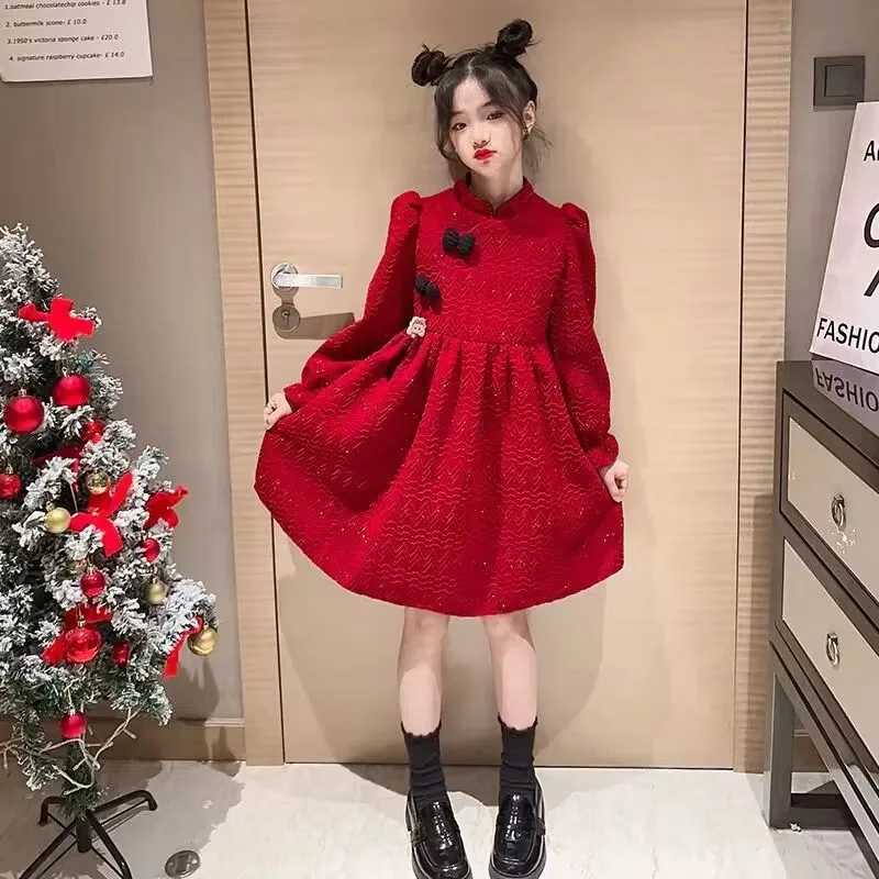 2024 autumn winter Kids Girls solid retro red Cheongsam Qipao Princess Teens New Year Dresses wool velvet Clothes 8 10 12 yearXJ241206