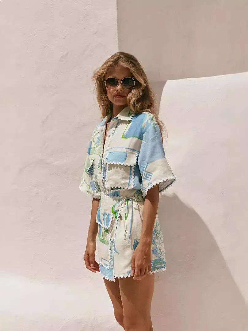 Vintage Print Casual Shirts Loose Women Tops and Mini Skirts Suit 2024 Elegant Fashion 2 Piece Sets Female Chic Outfits Trend 241205
