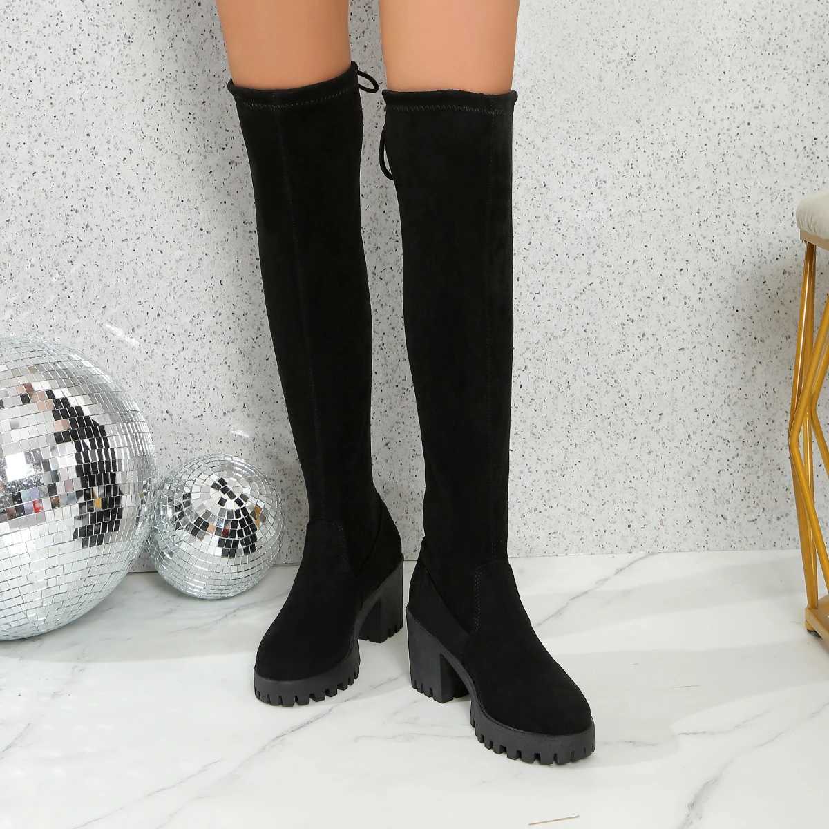 High Quality Warm boots winter black knee high new Cfort lace short and chubby high H shoes warm round toes Lg tube boots T241206