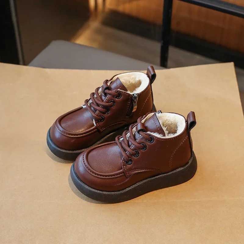 High Top Children PU Leather Boots Fluffy Lined Classic Kids Short Boots Boys Girls Winter School Shoes New Flat Footwear G11133XJ241206