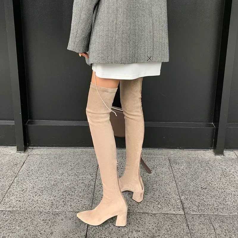 High Quality Knee high boots high dot high H snow boots trend winter suede sexy short and chubby pump Zapatos MUJI T241206