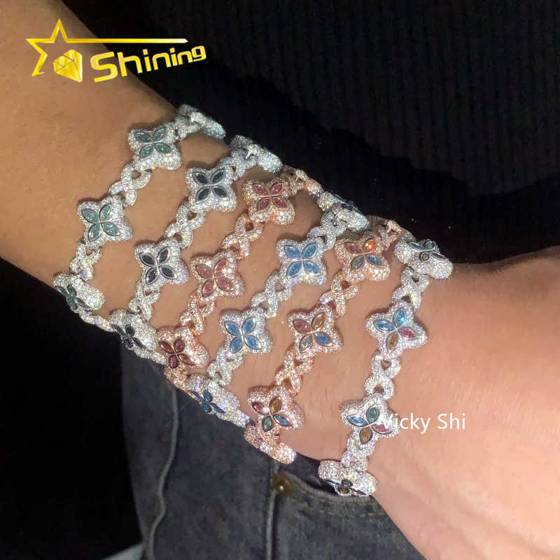 Hot Selling 15MM 925 Sterling Silver Cuban Clover Bracelets Iced Out Hip Hop Infinity Colored Moissanite Cuban Bracelet