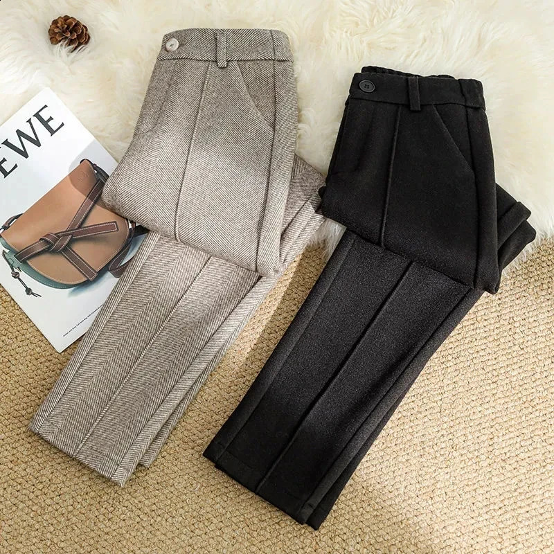 Autumn womens wool pants high waisted elastic velvet thick casual harem pants winter outerwear warm womens pants 241202
