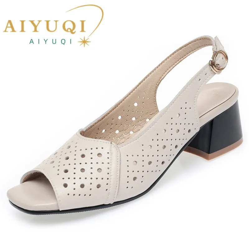 AIYUQI Sandals Women Summer Fishmouth Genuine Leather Women Sandals Block Heel Large Size Middle-aged Mom's Sandals