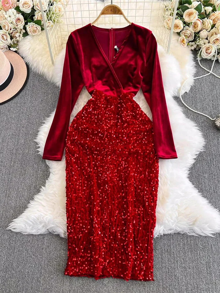 Autumn womens black/red sequined velvet party Midi dress retro V-neck long sleeved slim Vestidos elegant fashion robe 241206