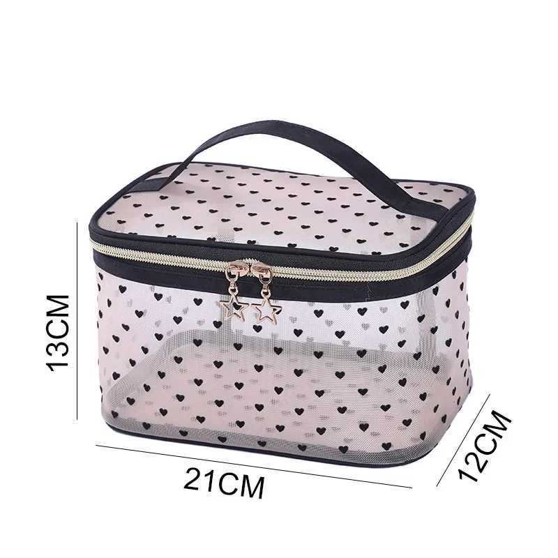 Mesh Cosmetic Makeup Bags Case Holder Cute Transparent Zipper Black Heart Printed Pencil Pen Case Pouch Cvenient To CarryXJ241206
