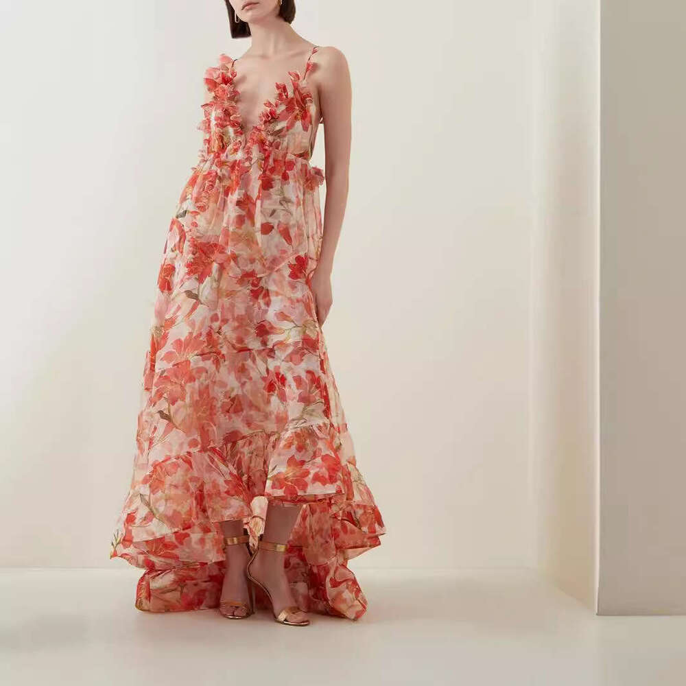 Spring/Summer Off Shoulder V-neck Women's Strap Printed Fairy Long Evening Grand Pendant Dress 2024 New Style Elegant Clothing