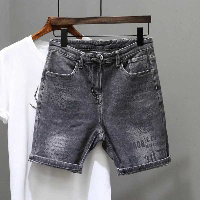 Short Jeans Pants For Men Gray Graphic Man Denim Shorts Original Harajuku Y2k Designer Cut Summer Wide With Korean Style New InXJ241206
