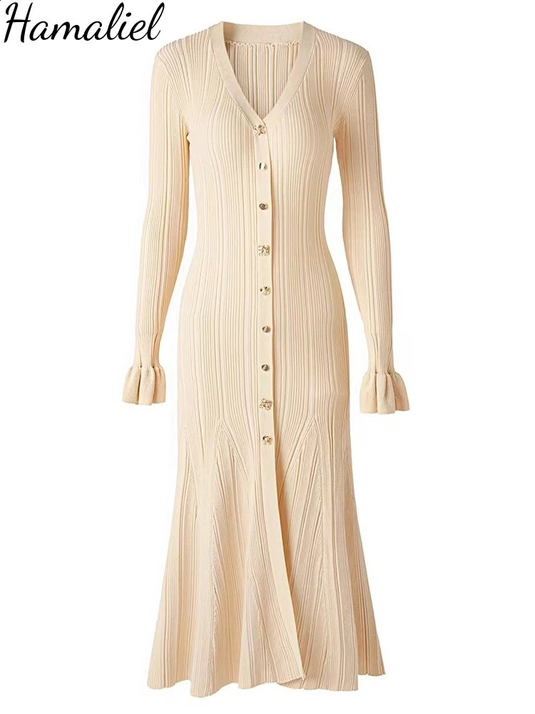 Autumn Winter Shine Knitted Dresse Chic V Neck Single Breasted Flared Sleeve Ruffles Hem Thicken Sweater Robes Vestidos 241205