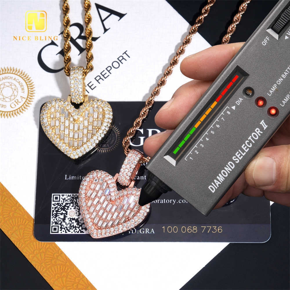 Ready to Ship Valentines Day Gift 2025 Heart Pendant Moissanite Pendant Baguette Pass Diamond Tester Hip Hop iced out Pendant
