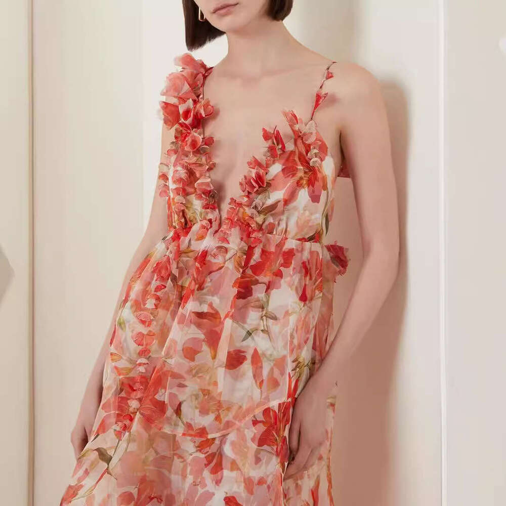 Spring/Summer Off Shoulder V-neck Women's Strap Printed Fairy Long Evening Grand Pendant Dress 2024 New Style Elegant Clothing